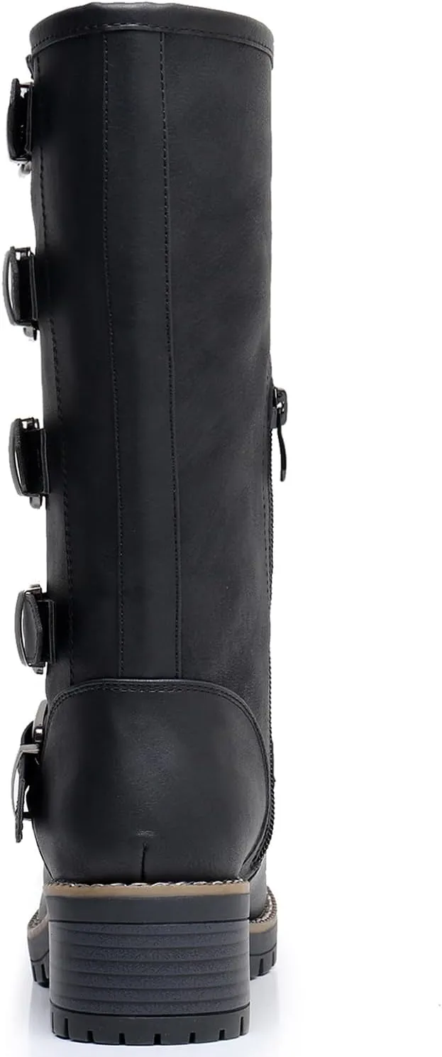 GLOBALWIN Chunky Mid Calf Fashion Dressy Motocycle Biker Military Style Combat Boots for Women Low Heel