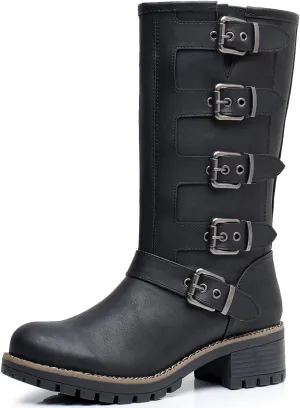 GLOBALWIN Chunky Mid Calf Fashion Dressy Motocycle Biker Military Style Combat Boots for Women Low Heel