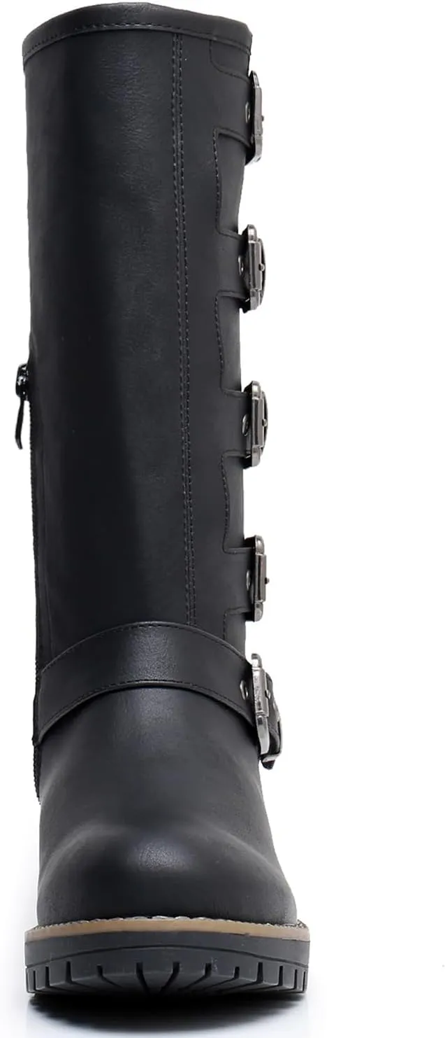 GLOBALWIN Chunky Mid Calf Fashion Dressy Motocycle Biker Military Style Combat Boots for Women Low Heel