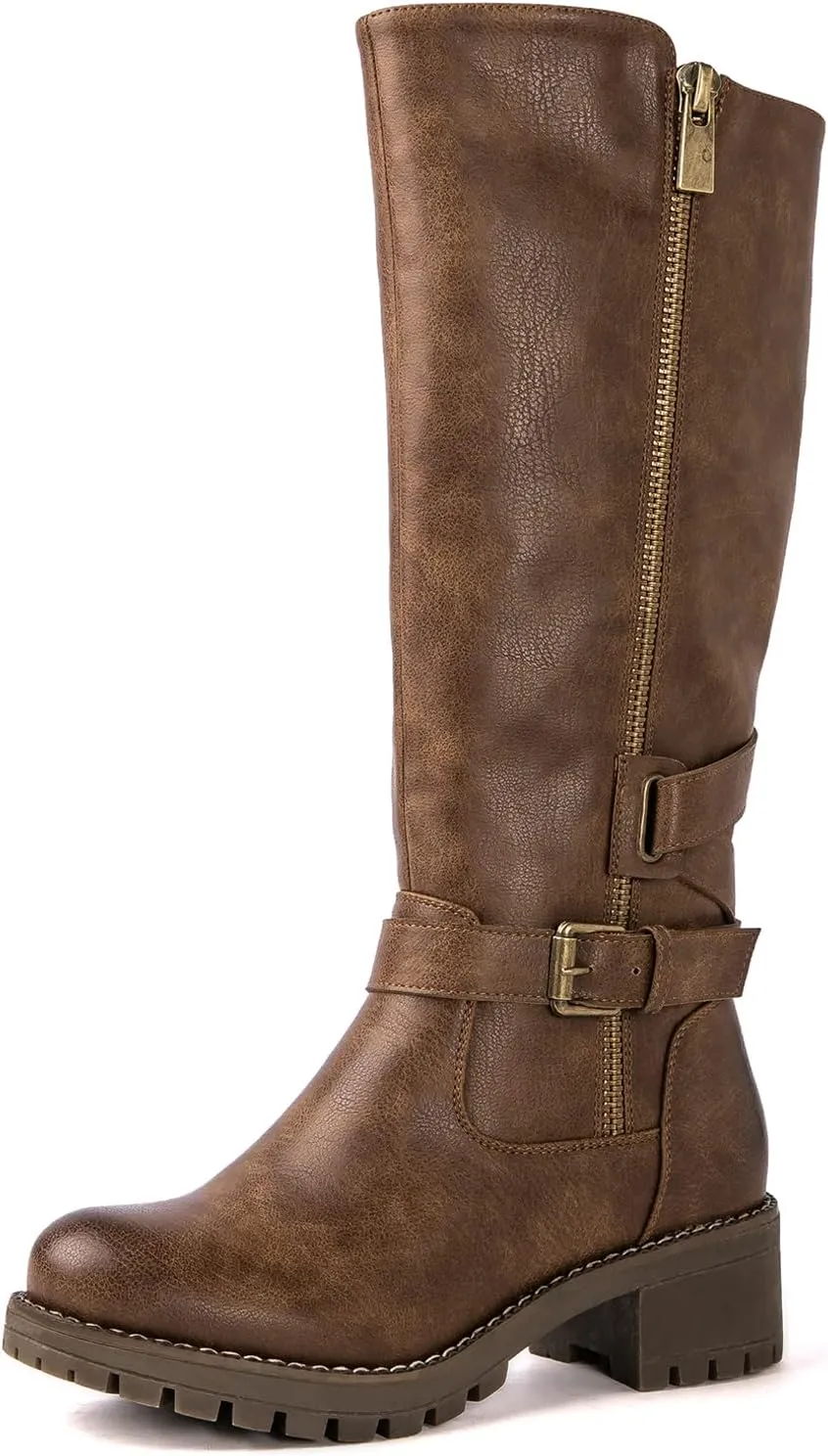 GLOBALWIN Women's Knee High Boots Tall Fashion Riding Boots For Women With Side Zipper Chunky Low Heel