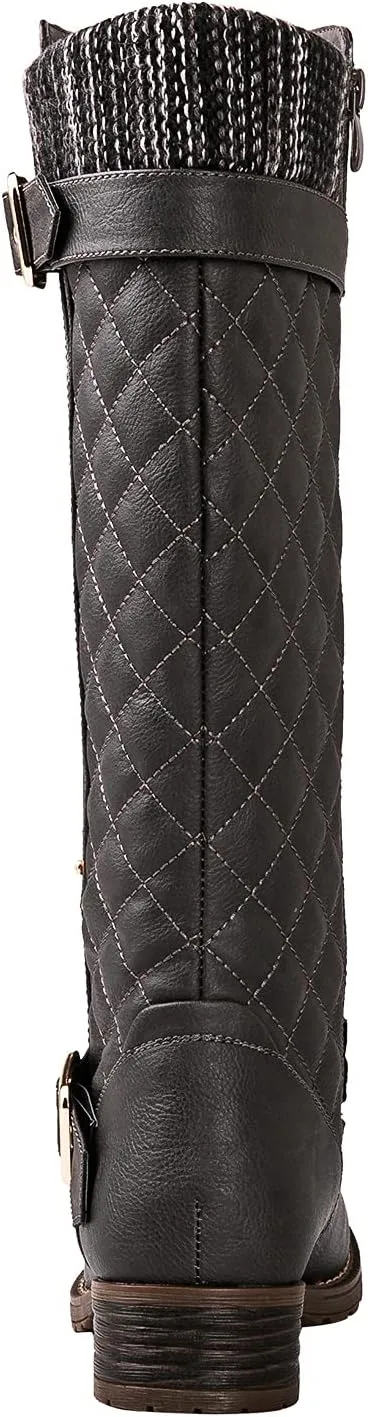 GLOBALWIN Women's Quilted Knee High Boots For Women Low Heel Comfortable Fashion Riding Boots
