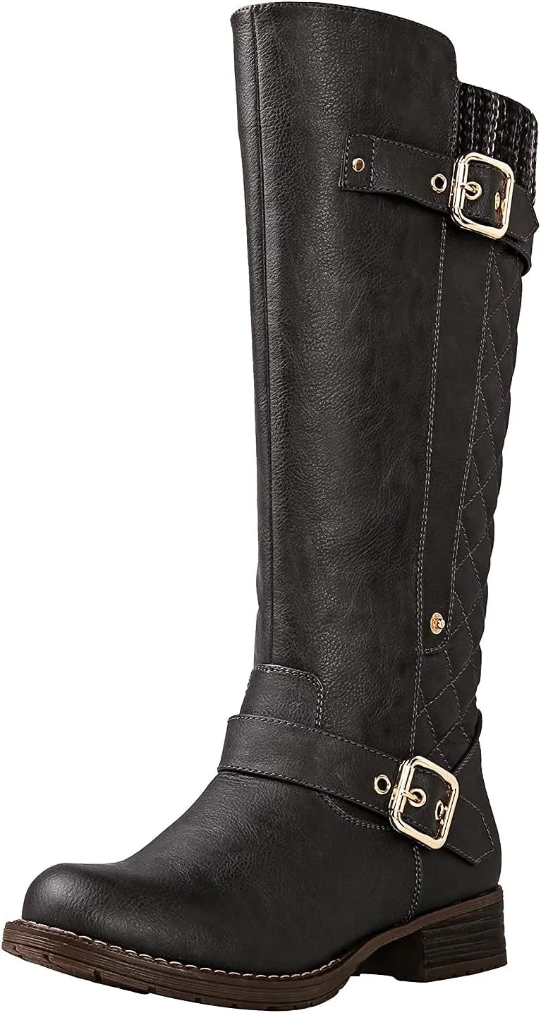 GLOBALWIN Women's Quilted Knee High Boots For Women Low Heel Comfortable Fashion Riding Boots