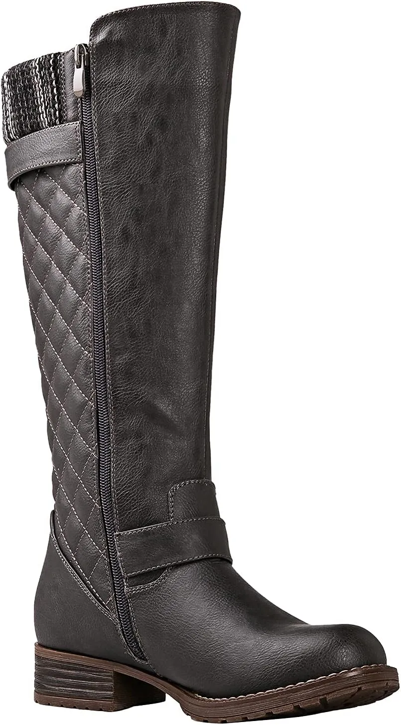 GLOBALWIN Women's Quilted Knee High Boots For Women Low Heel Comfortable Fashion Riding Boots