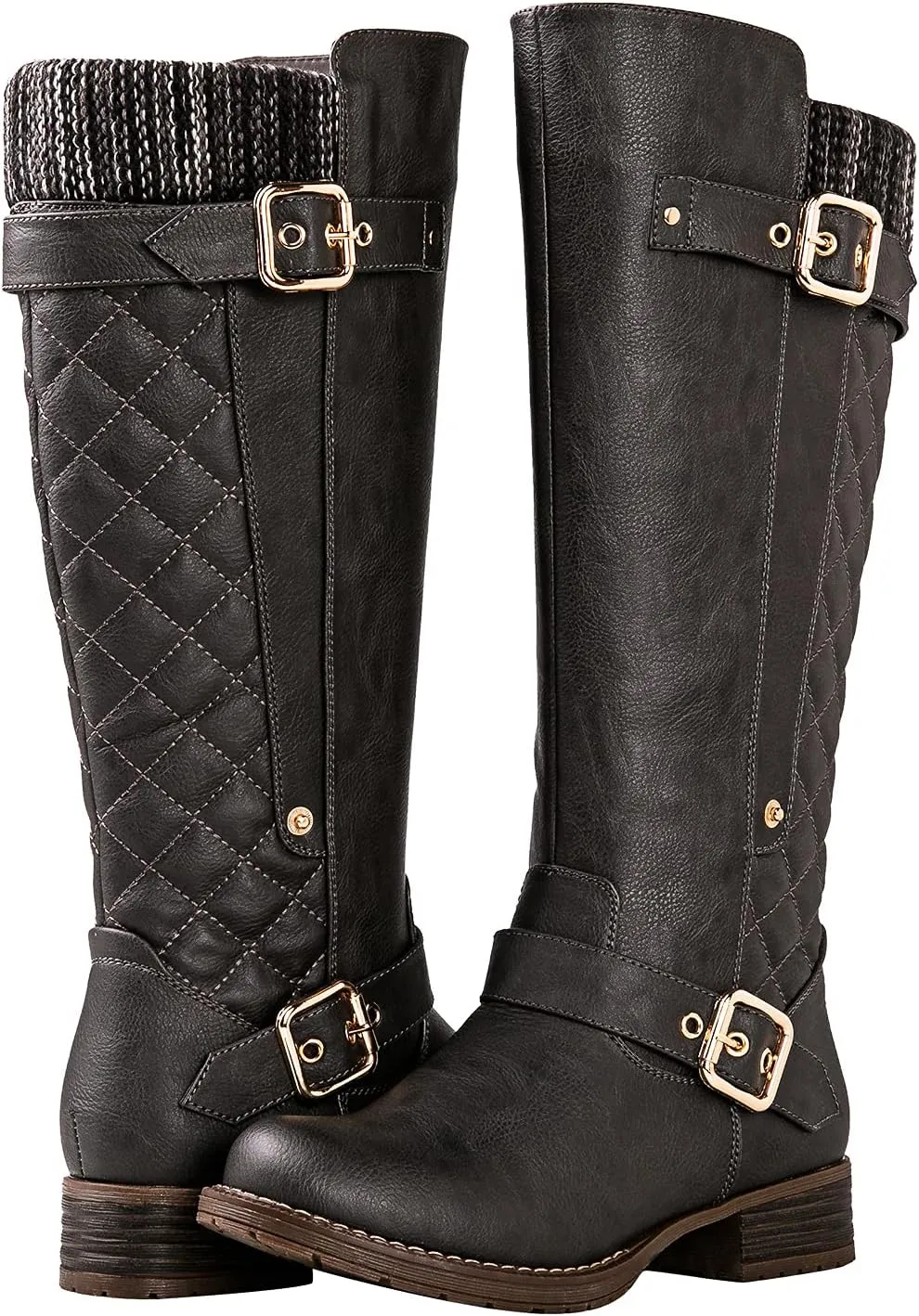 GLOBALWIN Women's Quilted Knee High Boots For Women Low Heel Comfortable Fashion Riding Boots