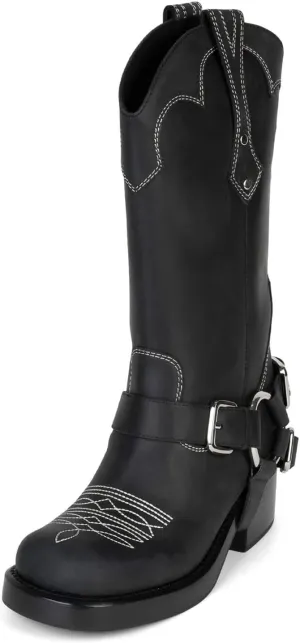 Goolita Buckle Biker Boots Women Square Toe Chunky Heel Embroidered Mid Calf Boots Slip On Motorcycle Riding Boots