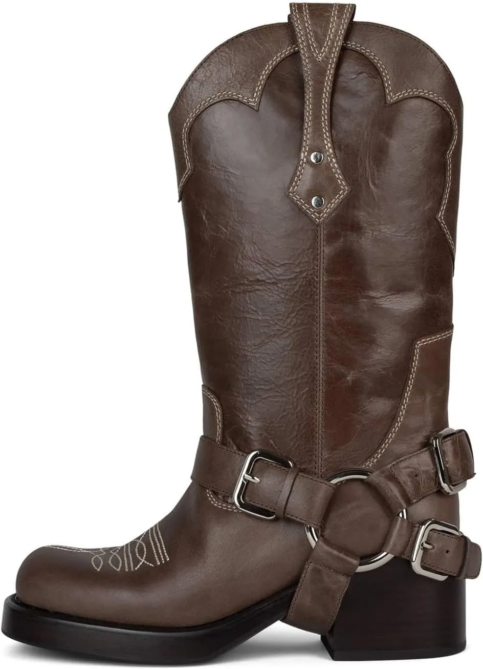 Goolita Buckle Biker Boots Women Square Toe Chunky Heel Embroidered Mid Calf Boots Slip On Motorcycle Riding Boots