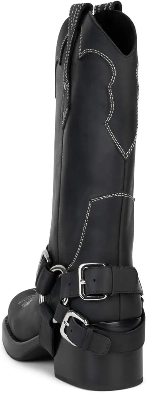 Goolita Buckle Biker Boots Women Square Toe Chunky Heel Embroidered Mid Calf Boots Slip On Motorcycle Riding Boots