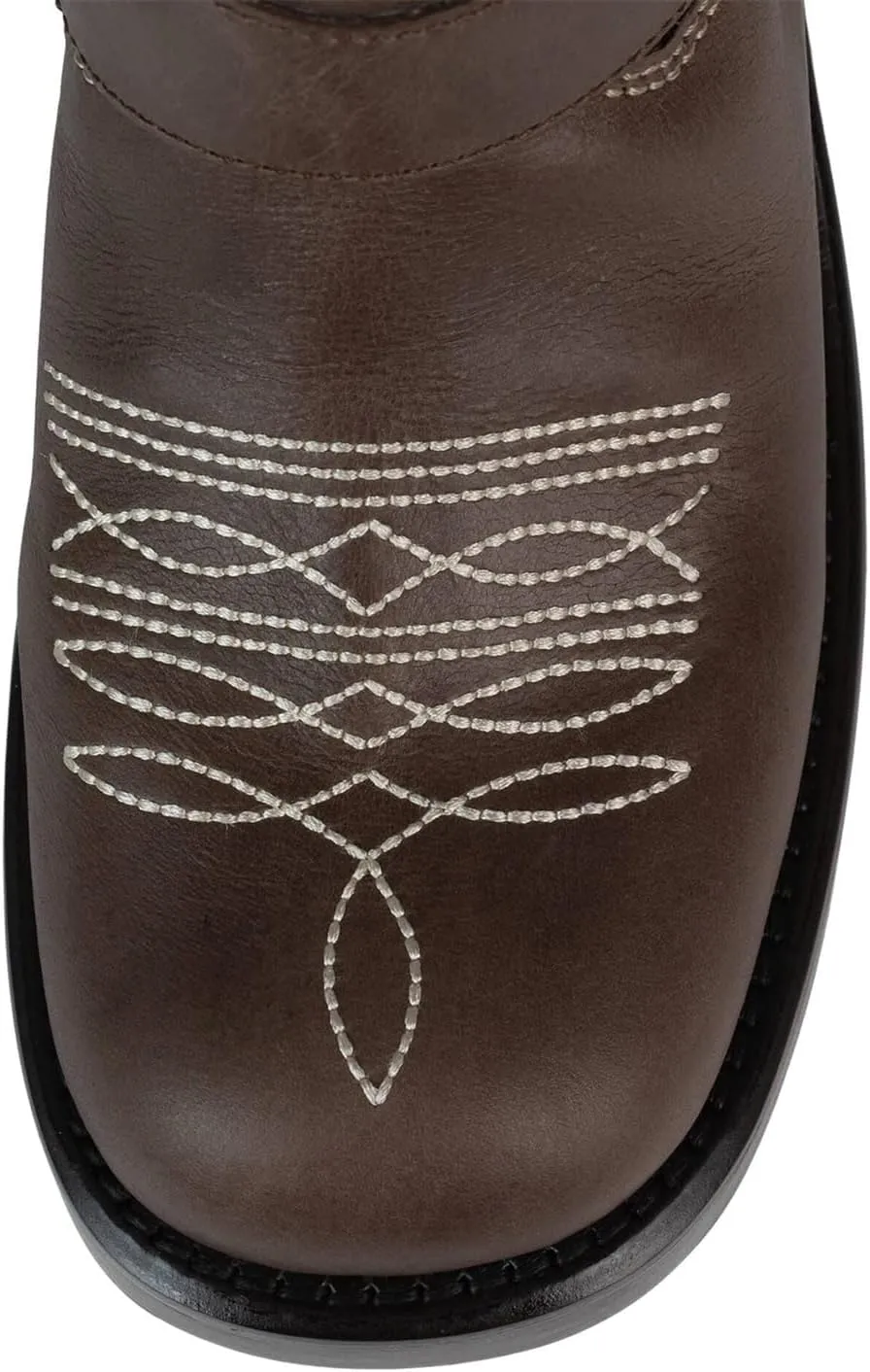 Goolita Buckle Biker Boots Women Square Toe Chunky Heel Embroidered Mid Calf Boots Slip On Motorcycle Riding Boots