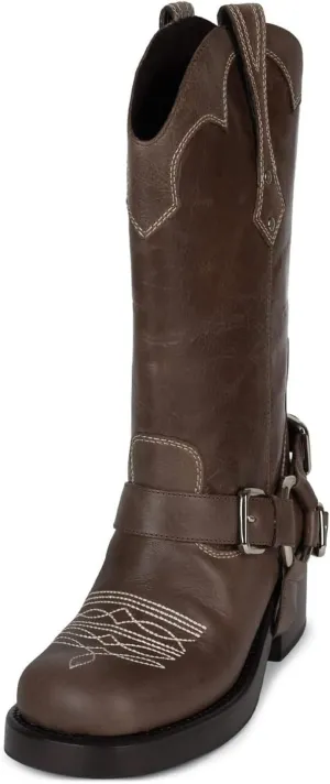 Goolita Buckle Biker Boots Women Square Toe Chunky Heel Embroidered Mid Calf Boots Slip On Motorcycle Riding Boots
