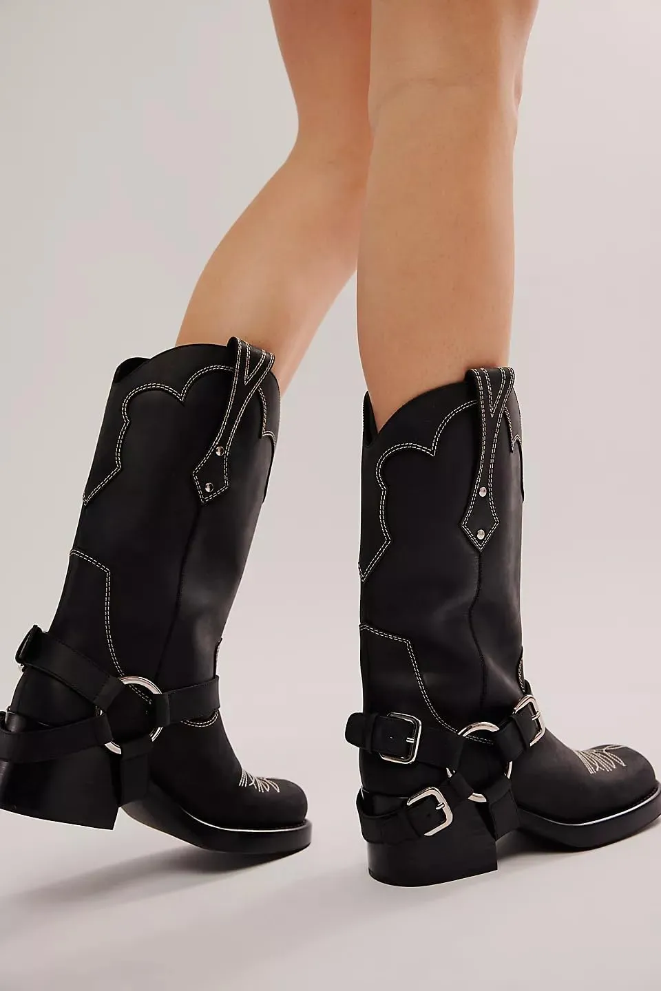 Goolita Buckle Biker Boots Women Square Toe Chunky Heel Embroidered Mid Calf Boots Slip On Motorcycle Riding Boots