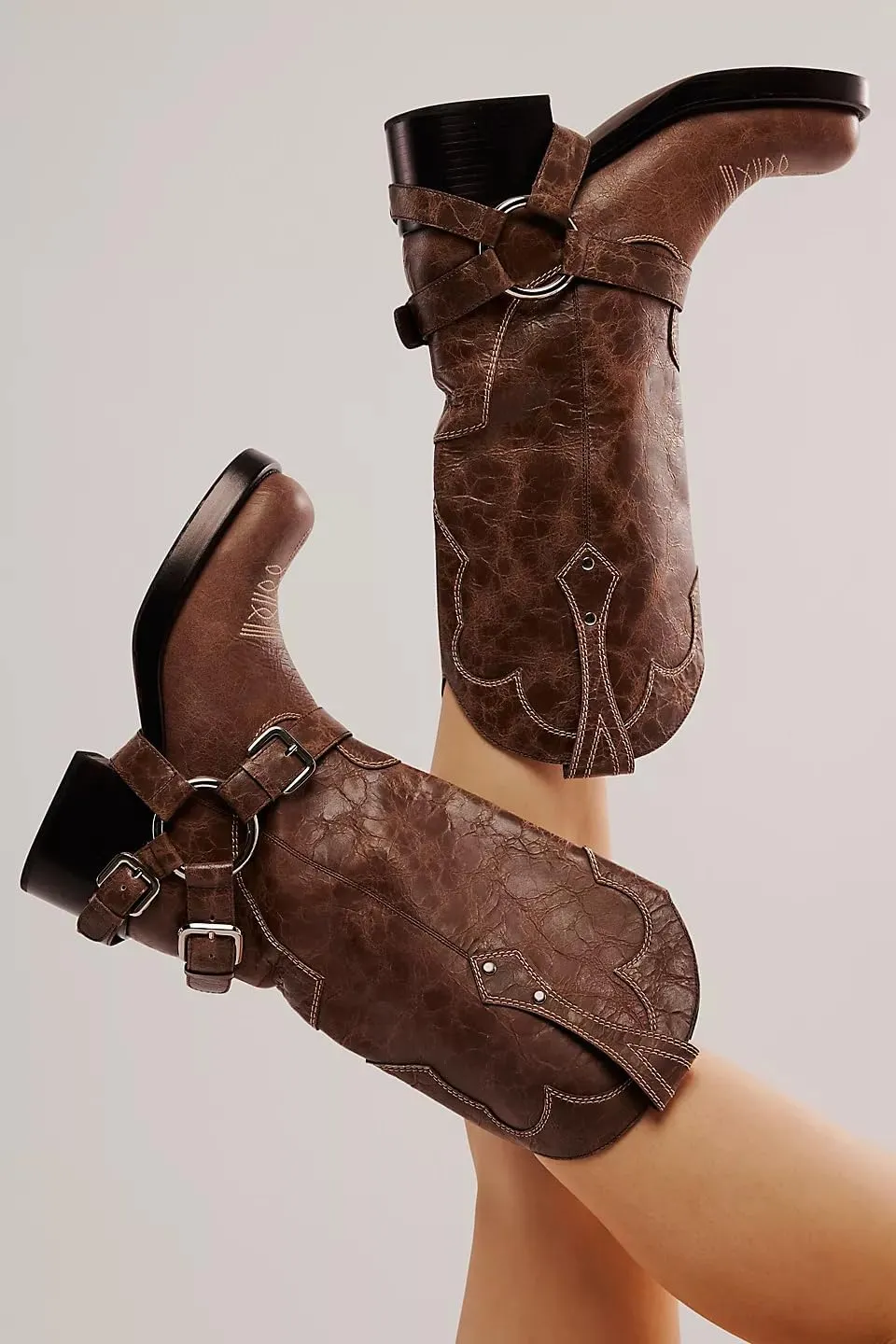 Goolita Buckle Biker Boots Women Square Toe Chunky Heel Embroidered Mid Calf Boots Slip On Motorcycle Riding Boots