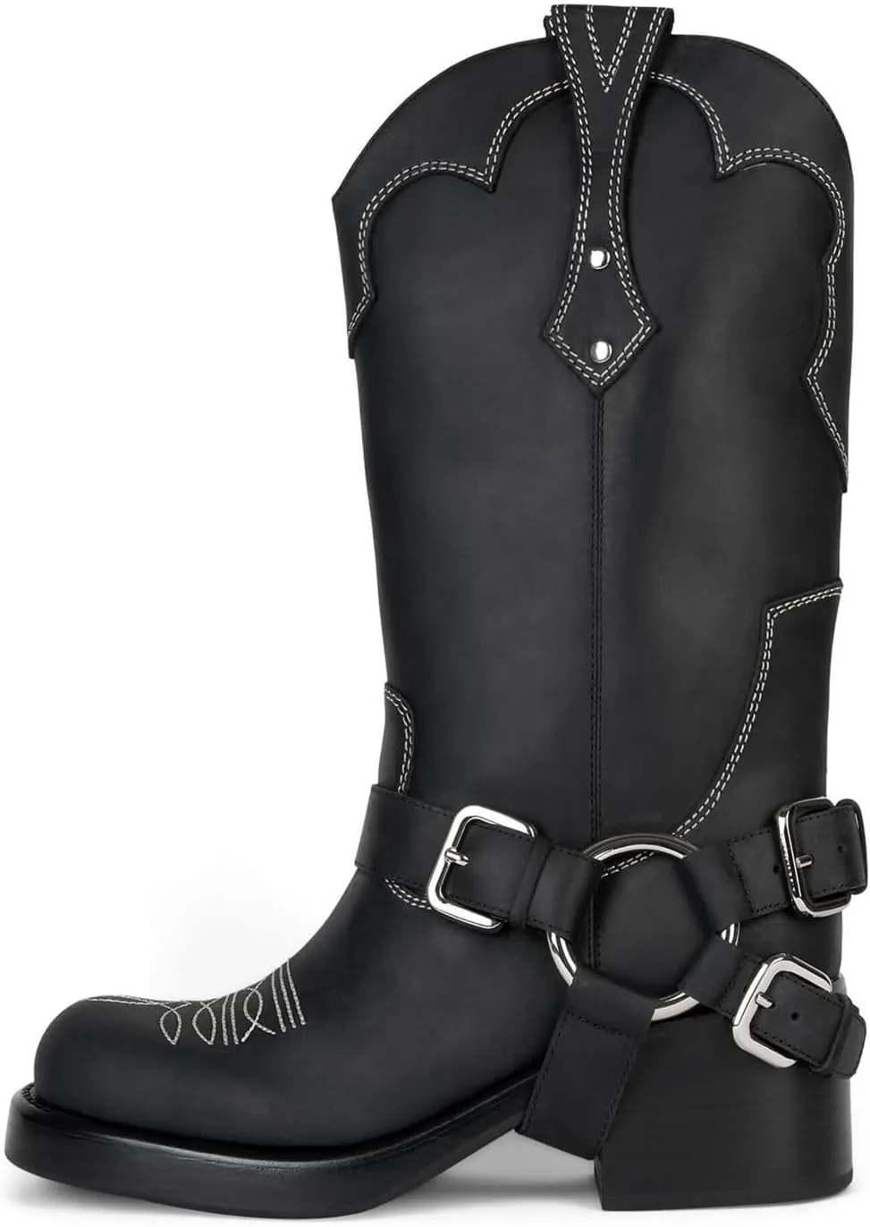 Goolita Buckle Biker Boots Women Square Toe Chunky Heel Embroidered Mid Calf Boots Slip On Motorcycle Riding Boots