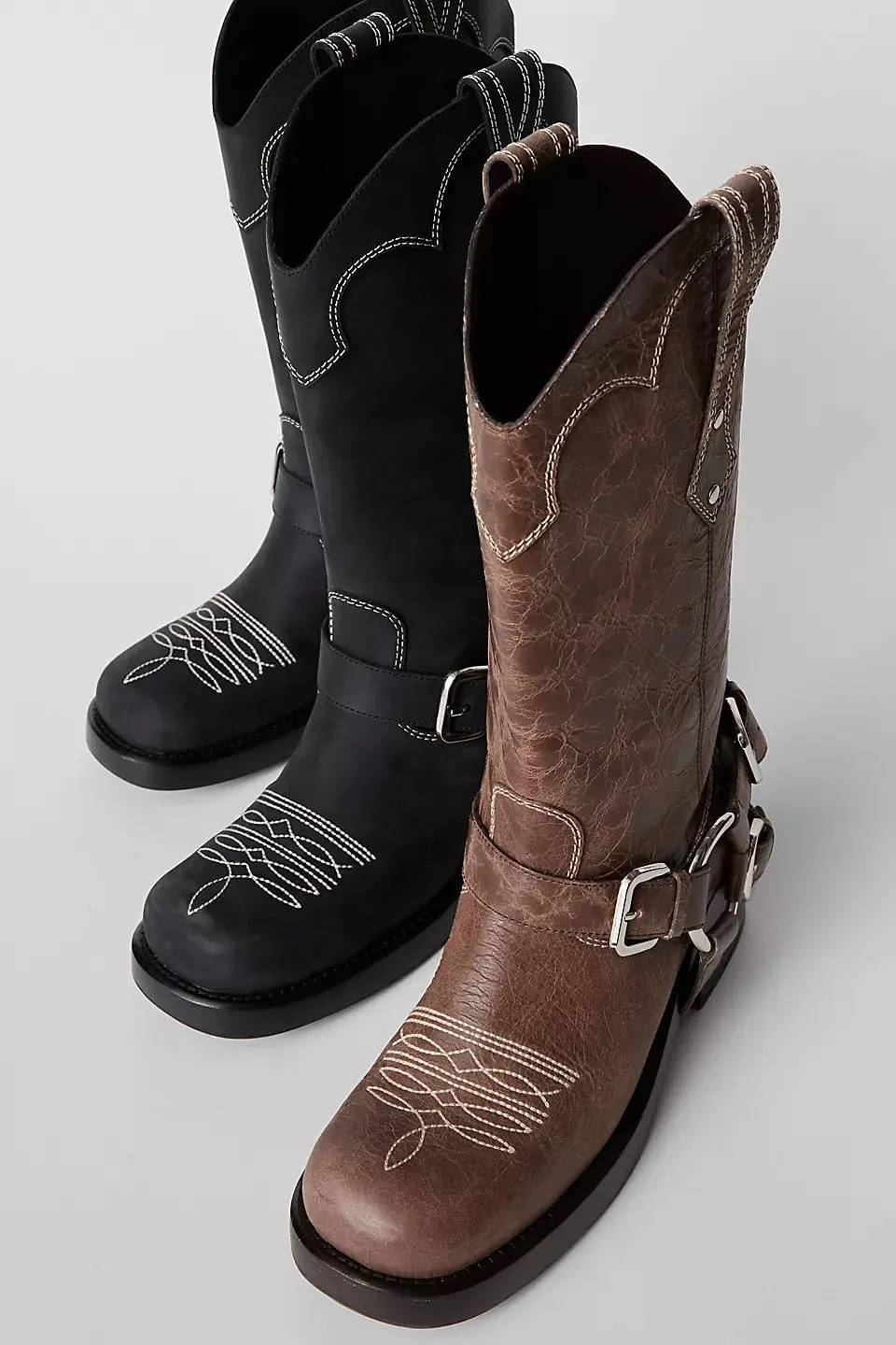 Goolita Buckle Biker Boots Women Square Toe Chunky Heel Embroidered Mid Calf Boots Slip On Motorcycle Riding Boots