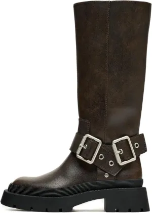 Goolita Buckle Biker Boots Women, Square Toe Chunky Heel Slip On Knee High Boots Vintage Rivet Belt Motorcycle Riding Boots