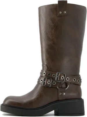 Goolita Buckle Biker Boots Women, Square Toe Chunky Heel Slip On Knee High Boots Vintage Rivet Belt Motorcycle Riding Boots