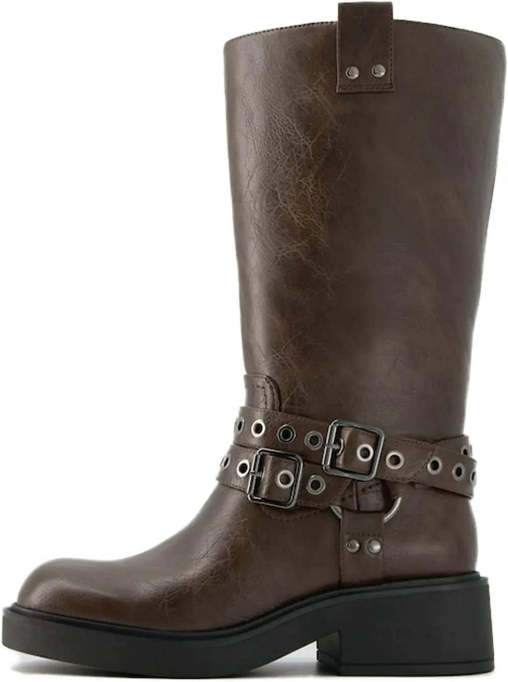 Goolita Buckle Biker Boots Women, Square Toe Chunky Heel Slip On Knee High Boots Vintage Rivet Belt Motorcycle Riding Boots