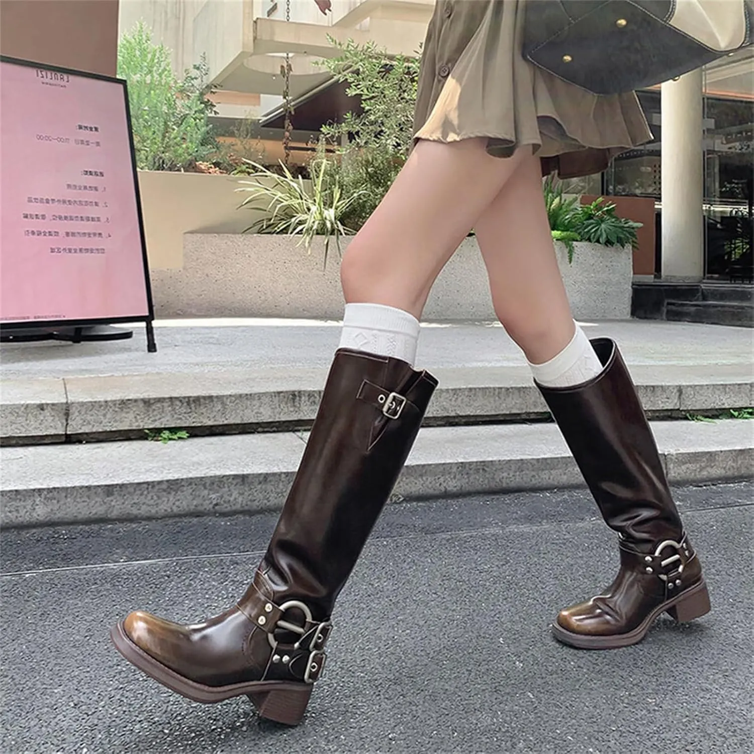 Goolita Buckle Biker Boots Women, Square Toe Chunky Heel Slip On Knee High Boots Vintage Rivet Belt Motorcycle Riding Boots