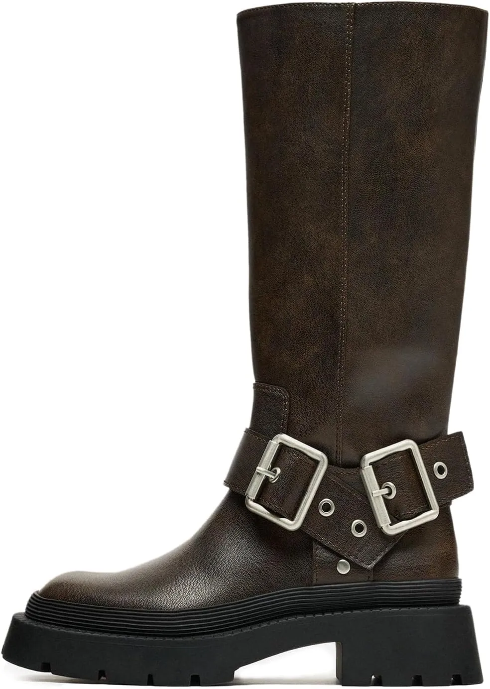 Goolita Buckle Biker Boots Women, Square Toe Chunky Heel Slip On Knee High Boots Vintage Rivet Belt Motorcycle Riding Boots