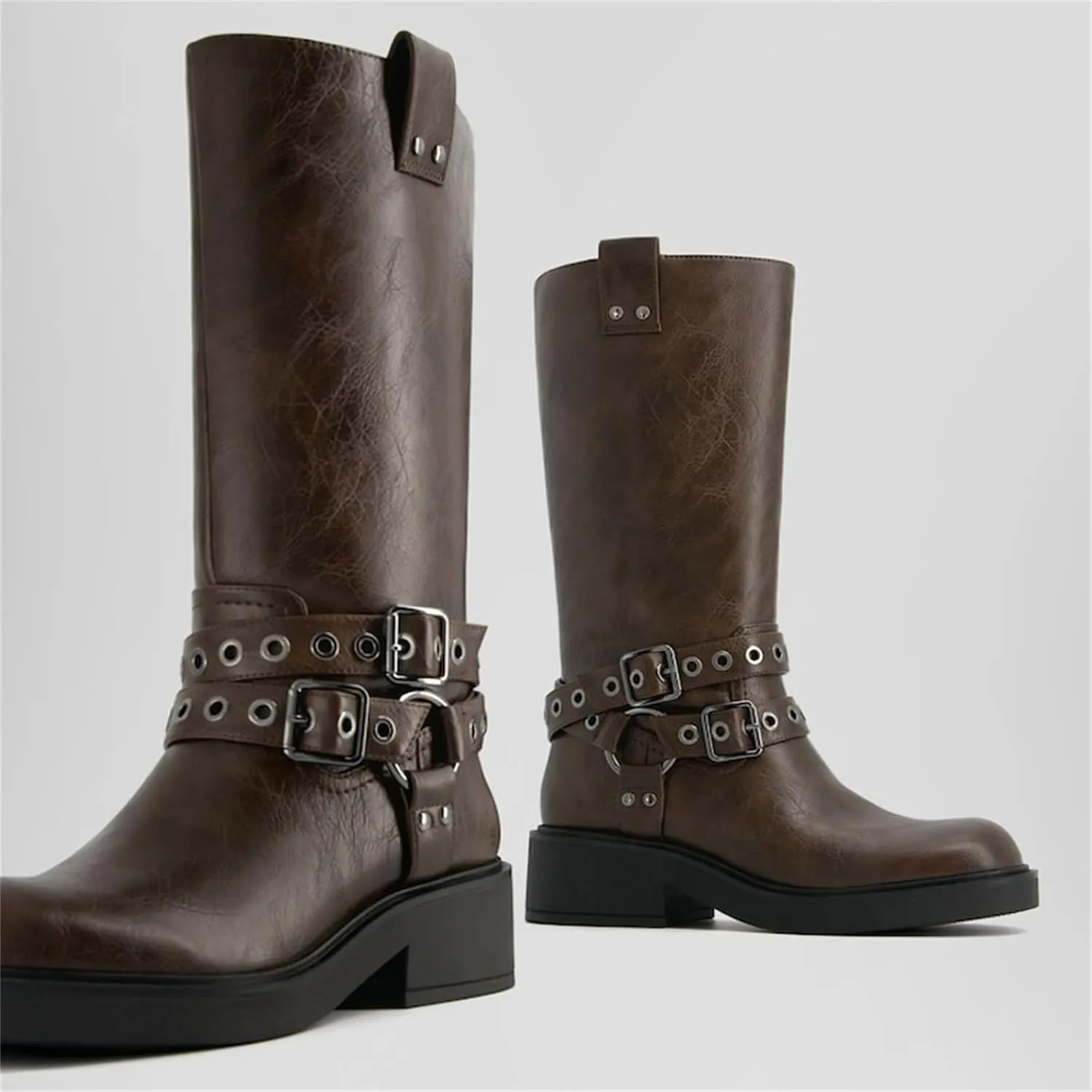 Goolita Buckle Biker Boots Women, Square Toe Chunky Heel Slip On Knee High Boots Vintage Rivet Belt Motorcycle Riding Boots