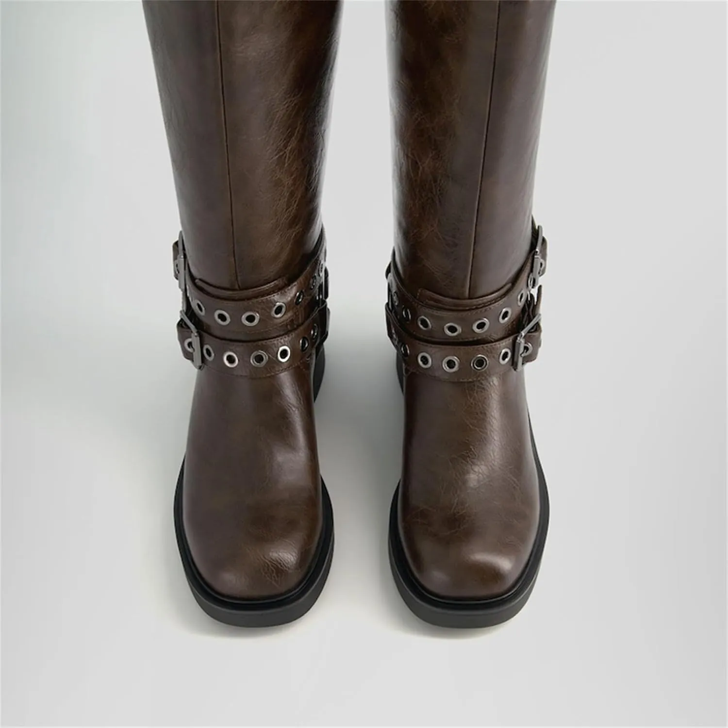 Goolita Buckle Biker Boots Women, Square Toe Chunky Heel Slip On Knee High Boots Vintage Rivet Belt Motorcycle Riding Boots