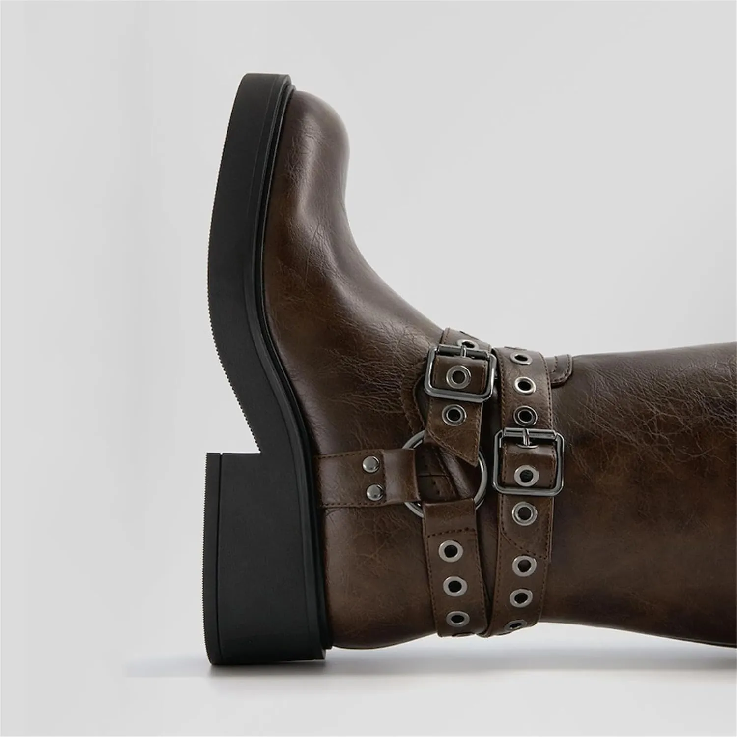Goolita Buckle Biker Boots Women, Square Toe Chunky Heel Slip On Knee High Boots Vintage Rivet Belt Motorcycle Riding Boots