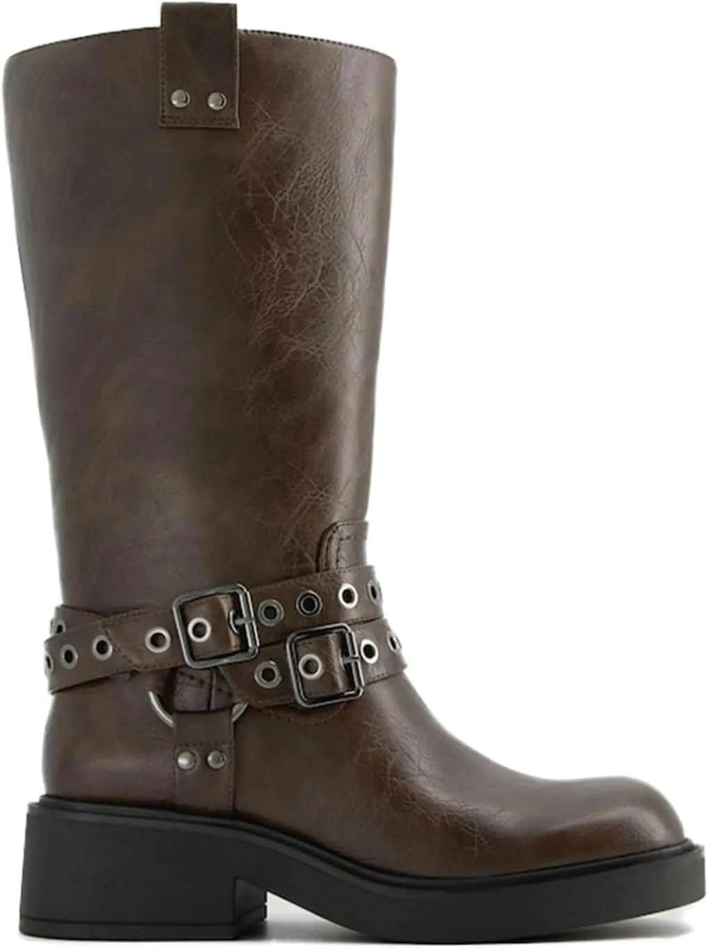 Goolita Buckle Biker Boots Women, Square Toe Chunky Heel Slip On Knee High Boots Vintage Rivet Belt Motorcycle Riding Boots