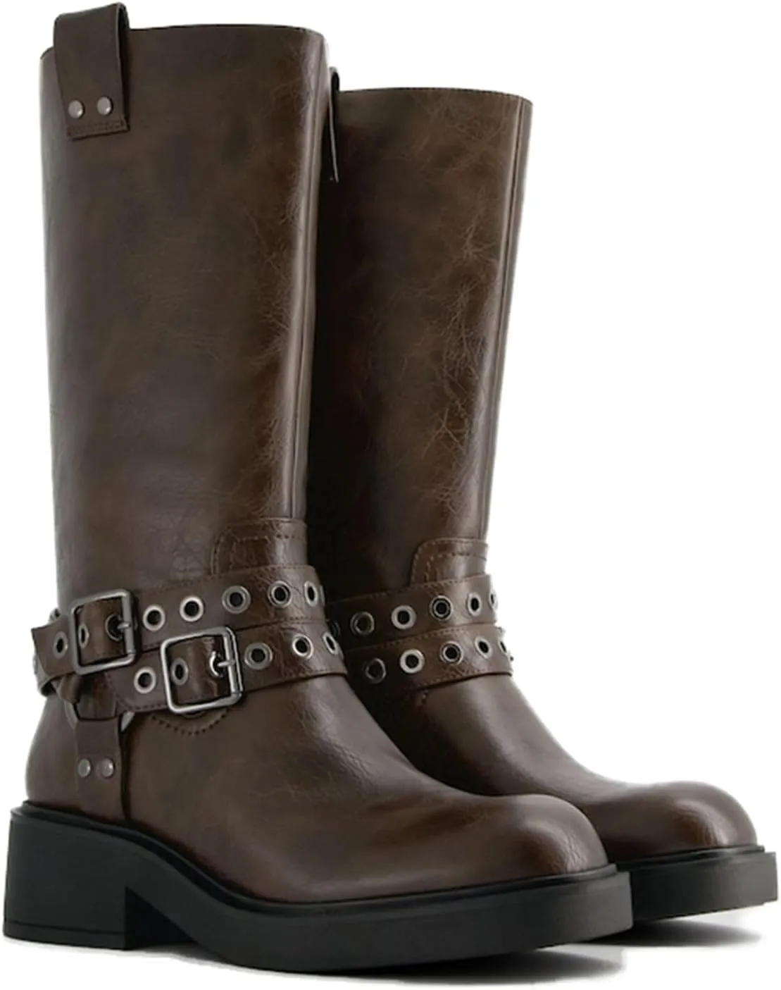 Goolita Buckle Biker Boots Women, Square Toe Chunky Heel Slip On Knee High Boots Vintage Rivet Belt Motorcycle Riding Boots
