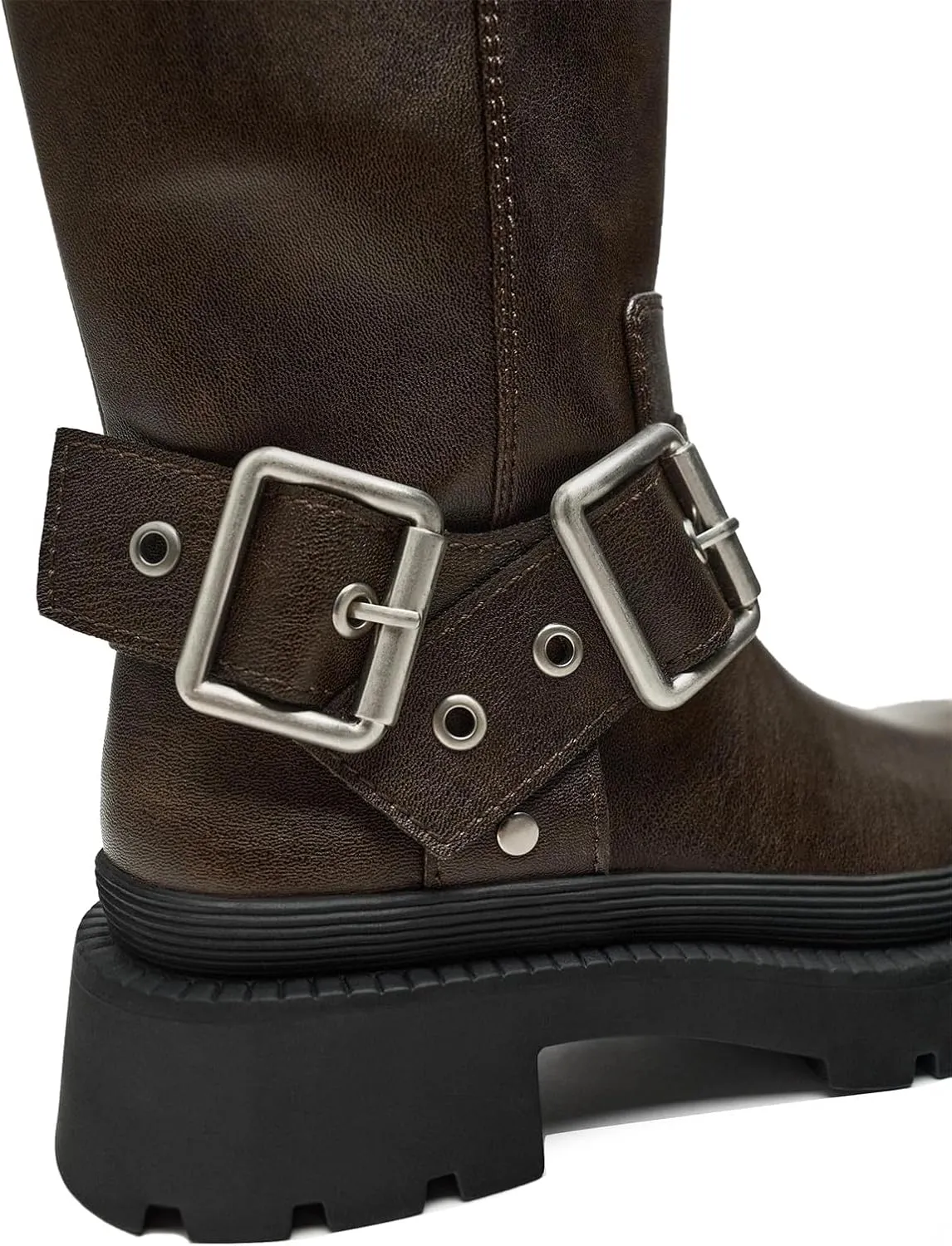 Goolita Buckle Biker Boots Women, Square Toe Chunky Heel Slip On Knee High Boots Vintage Rivet Belt Motorcycle Riding Boots