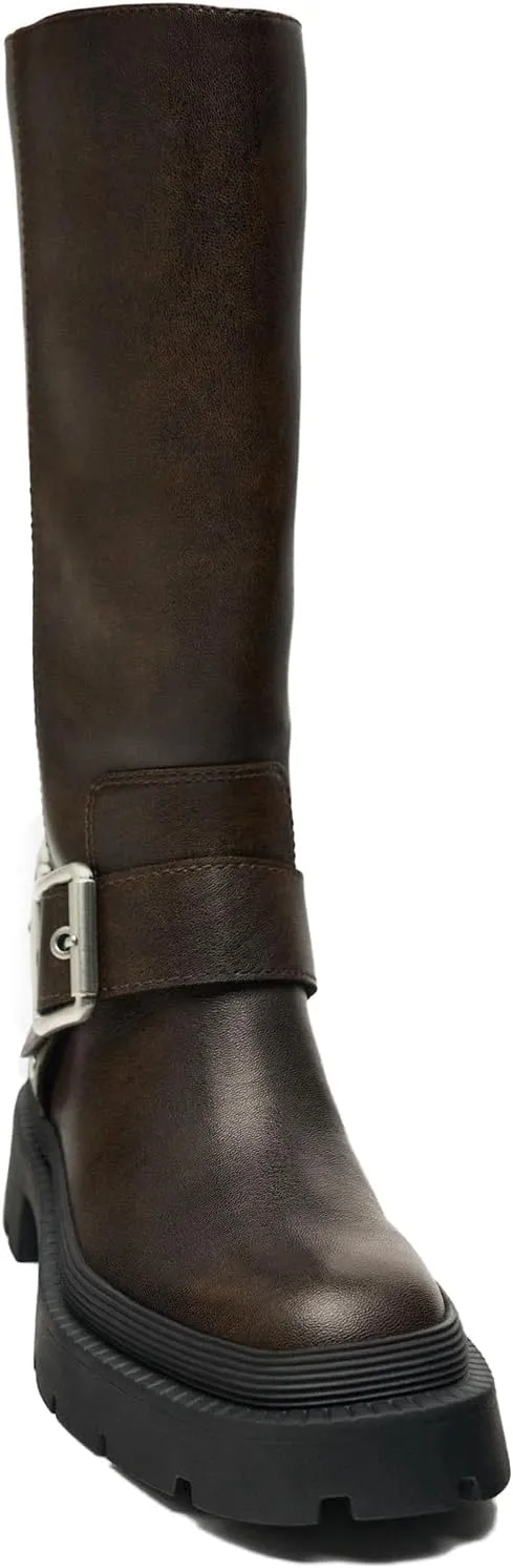 Goolita Buckle Biker Boots Women, Square Toe Chunky Heel Slip On Knee High Boots Vintage Rivet Belt Motorcycle Riding Boots