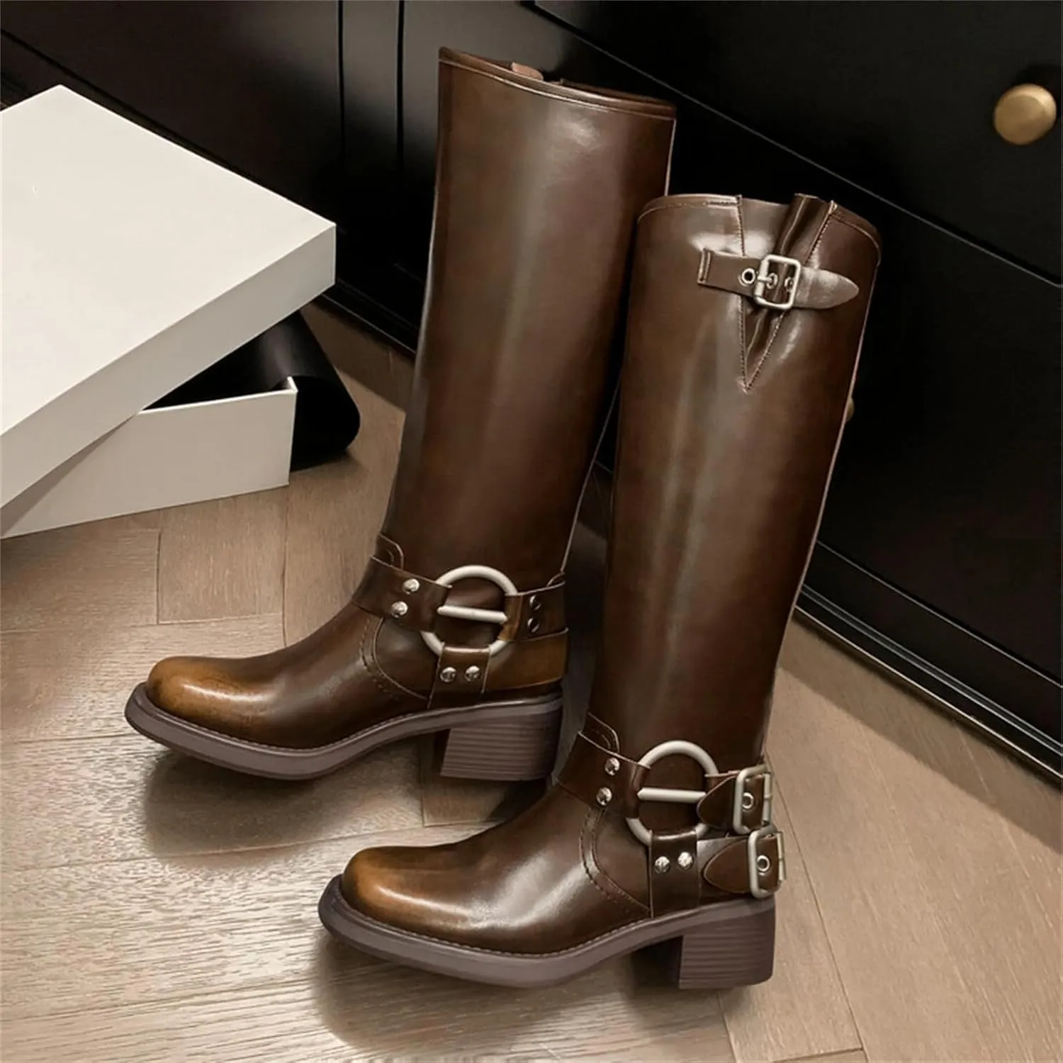 Goolita Buckle Biker Boots Women, Square Toe Chunky Heel Slip On Knee High Boots Vintage Rivet Belt Motorcycle Riding Boots