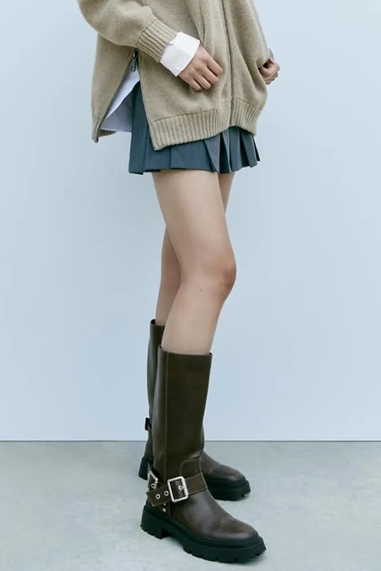 Goolita Buckle Biker Boots Women, Square Toe Chunky Heel Slip On Knee High Boots Vintage Rivet Belt Motorcycle Riding Boots