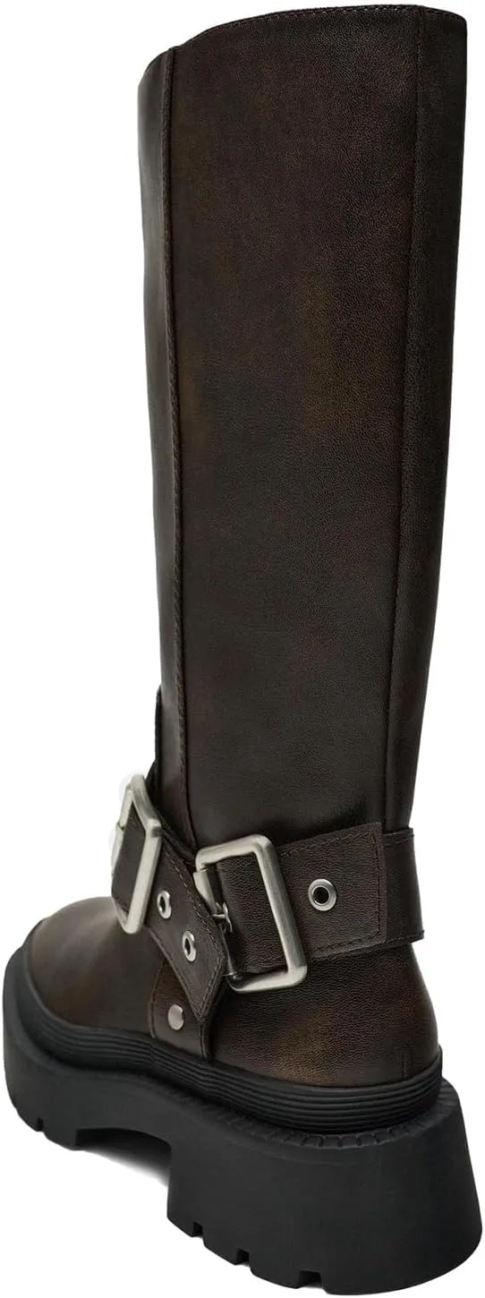 Goolita Buckle Biker Boots Women, Square Toe Chunky Heel Slip On Knee High Boots Vintage Rivet Belt Motorcycle Riding Boots