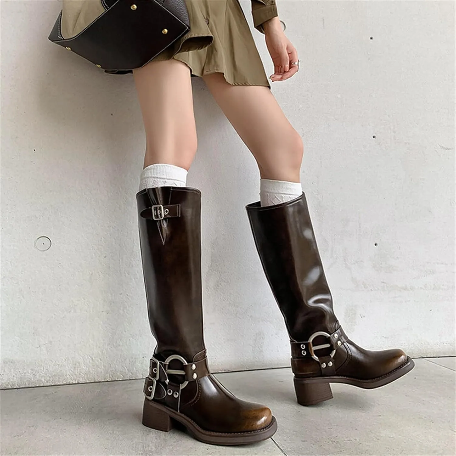 Goolita Buckle Biker Boots Women, Square Toe Chunky Heel Slip On Knee High Boots Vintage Rivet Belt Motorcycle Riding Boots