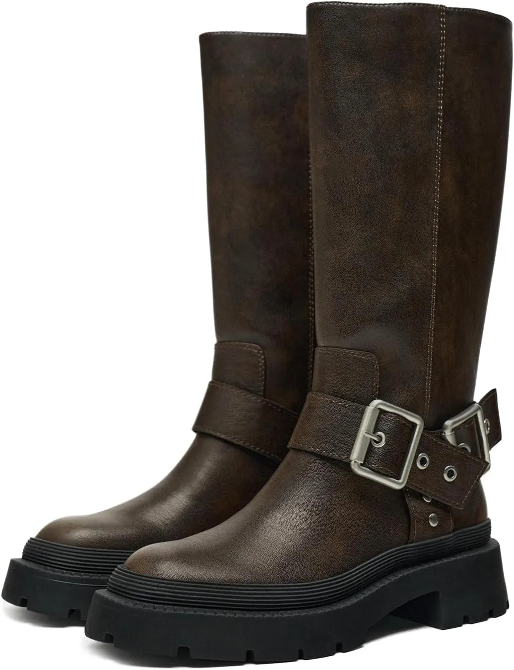 Goolita Buckle Biker Boots Women, Square Toe Chunky Heel Slip On Knee High Boots Vintage Rivet Belt Motorcycle Riding Boots
