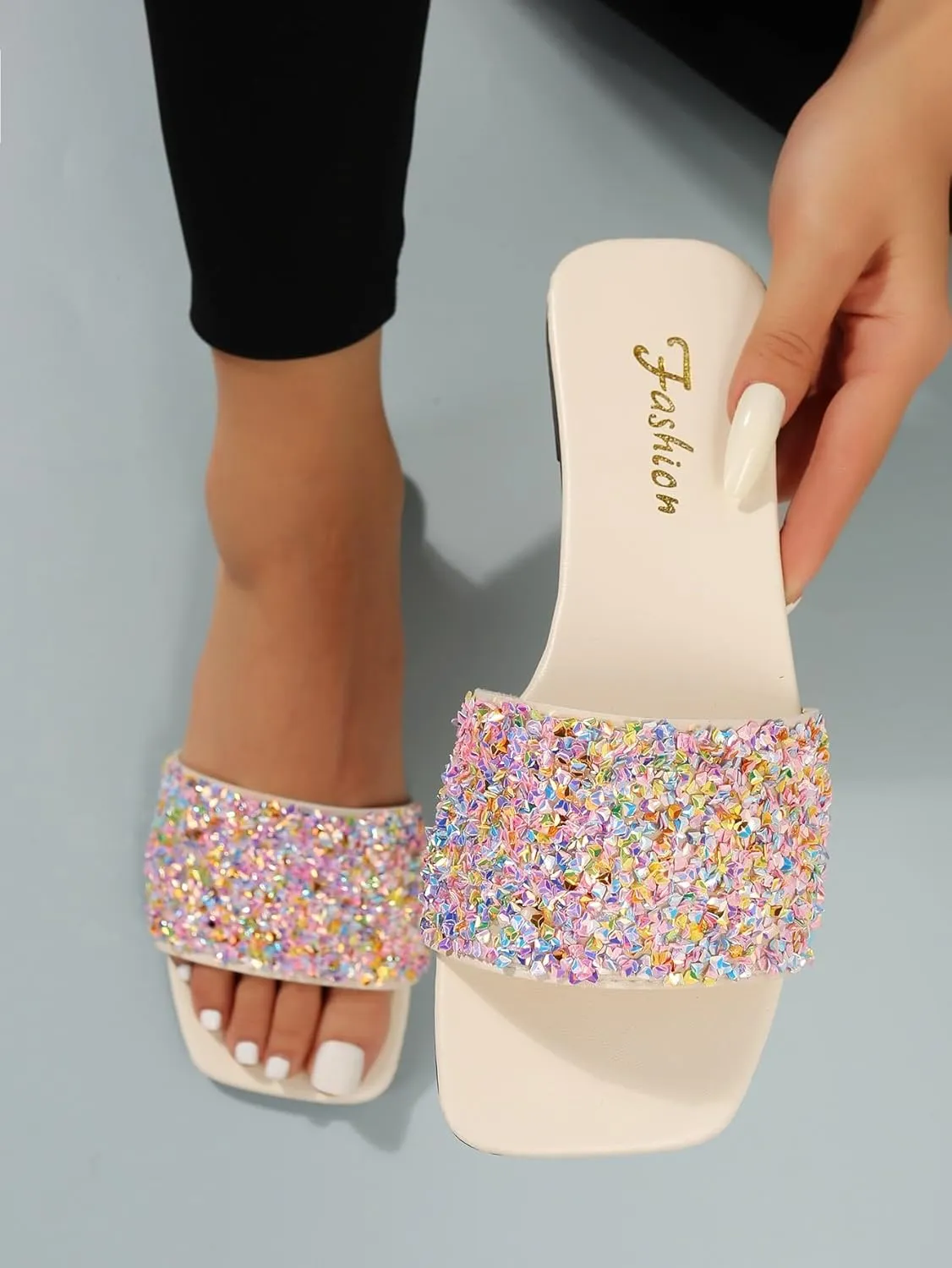 GORGLITTER Women's Rhinestone Sandals Glitter Strappy Sequin Shoes Square Toe Sparkly Flat Sandals