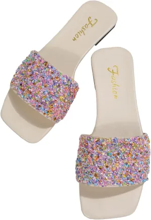 GORGLITTER Women's Rhinestone Sandals Glitter Strappy Sequin Shoes Square Toe Sparkly Flat Sandals