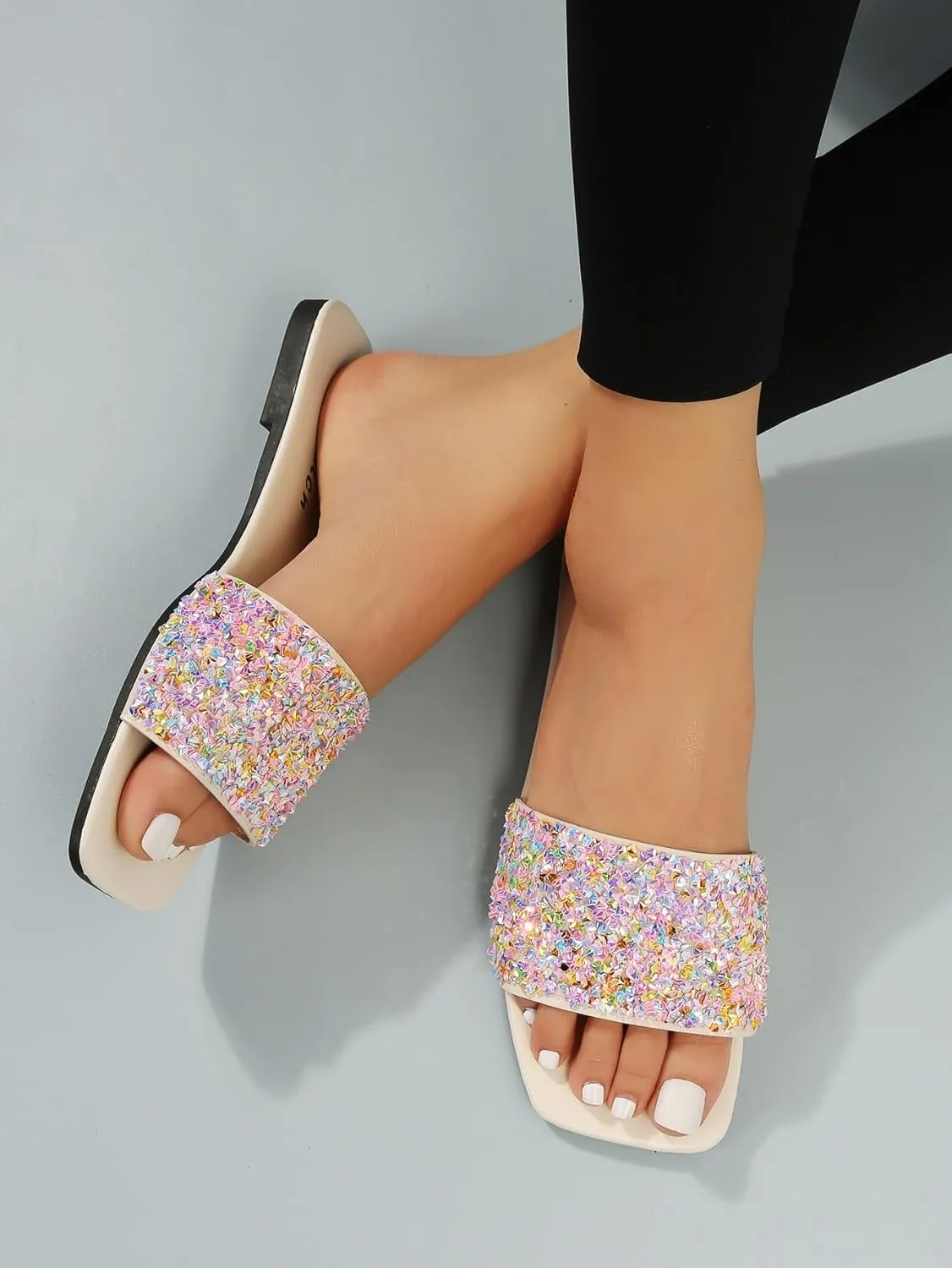 GORGLITTER Women's Rhinestone Sandals Glitter Strappy Sequin Shoes Square Toe Sparkly Flat Sandals