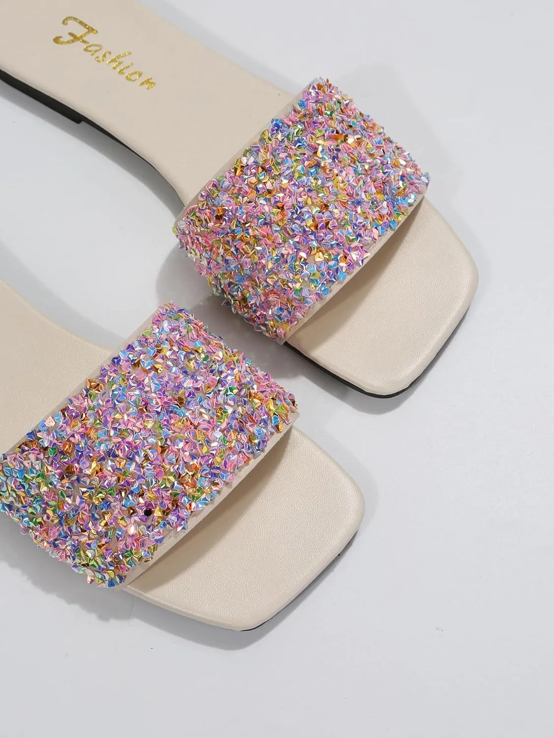 GORGLITTER Women's Rhinestone Sandals Glitter Strappy Sequin Shoes Square Toe Sparkly Flat Sandals