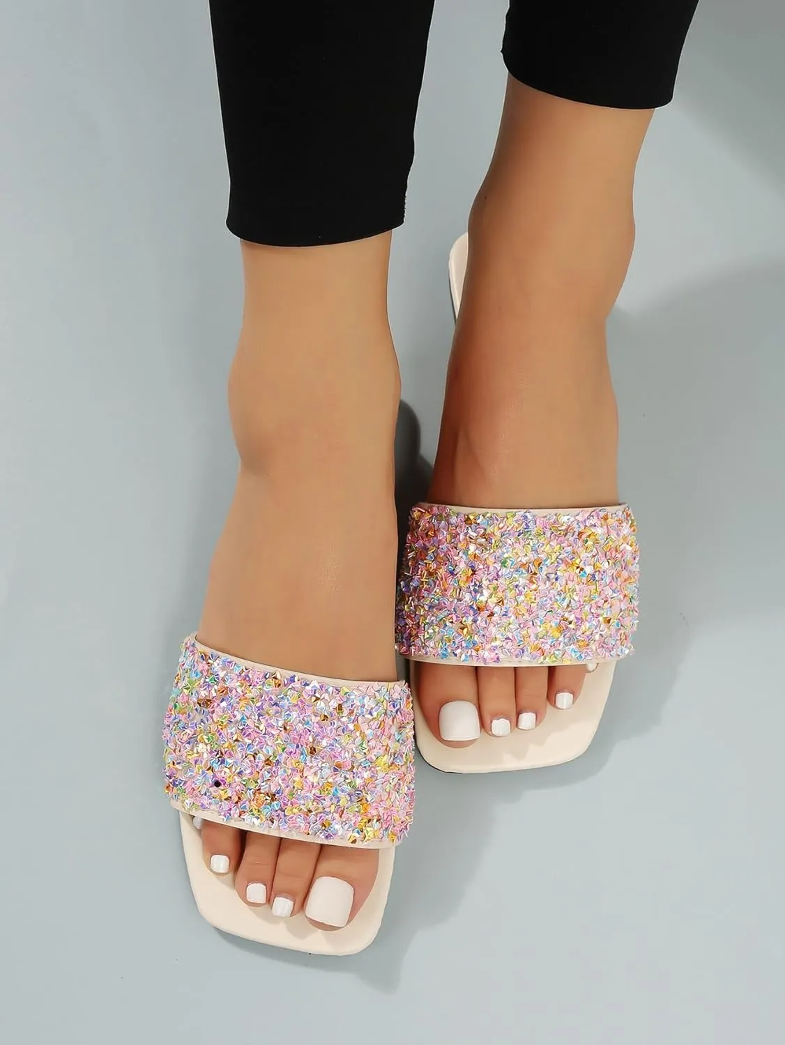 GORGLITTER Women's Rhinestone Sandals Glitter Strappy Sequin Shoes Square Toe Sparkly Flat Sandals