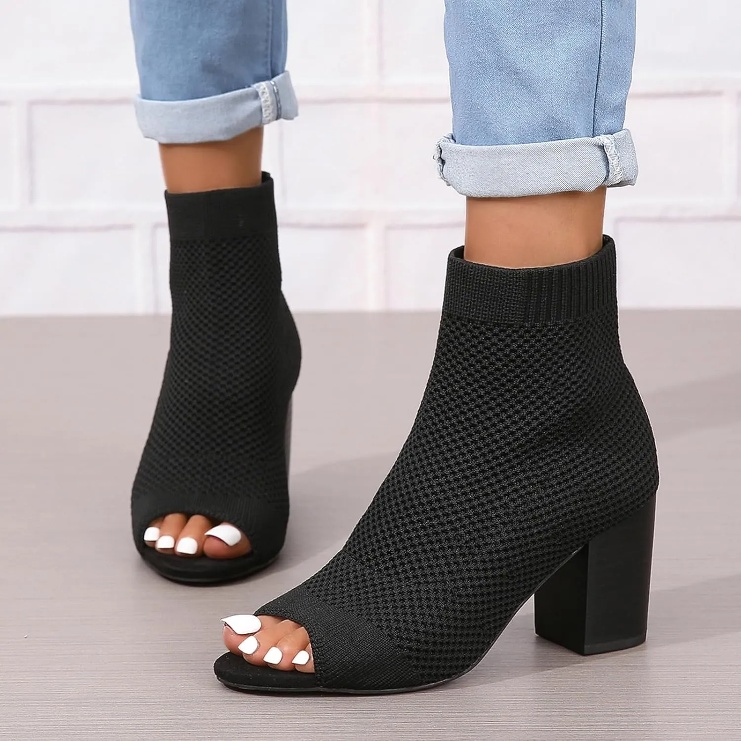 GUNIYIFS Chunky Block High Heels Sandals for Women Knit Pointed Toe Peep Toe Heeled Booties Dress Shoes Summer Sock Booties