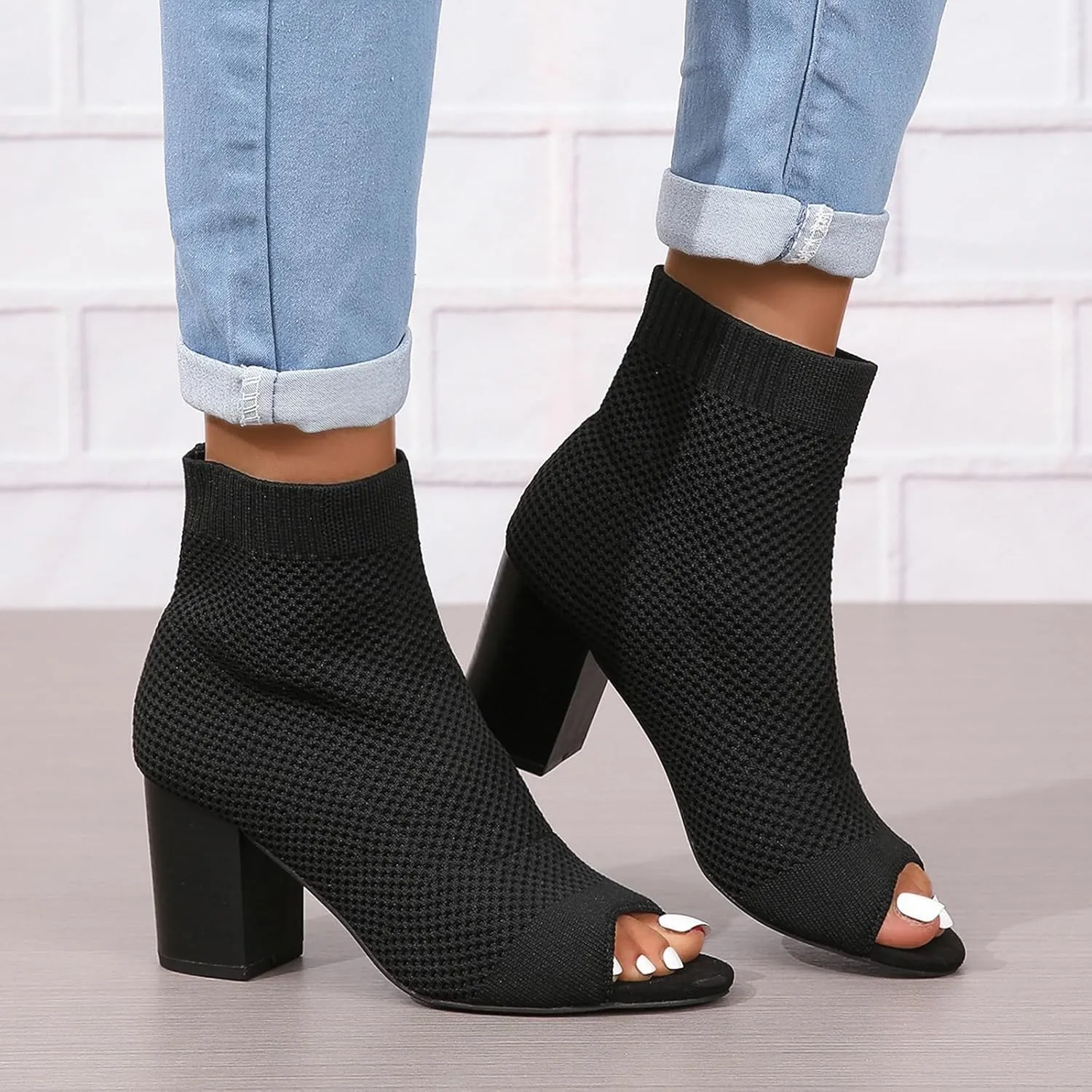 GUNIYIFS Chunky Block High Heels Sandals for Women Knit Pointed Toe Peep Toe Heeled Booties Dress Shoes Summer Sock Booties
