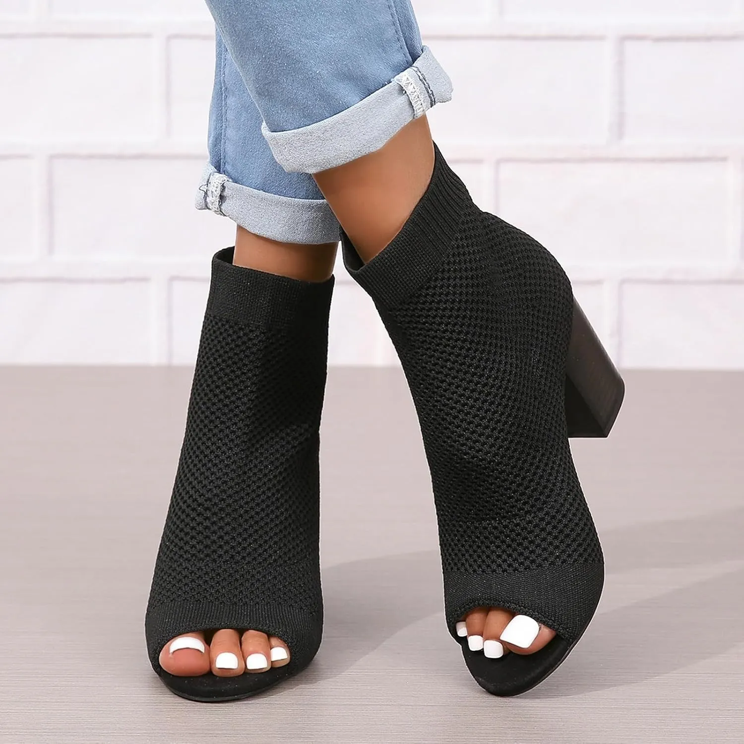 GUNIYIFS Chunky Block High Heels Sandals for Women Knit Pointed Toe Peep Toe Heeled Booties Dress Shoes Summer Sock Booties
