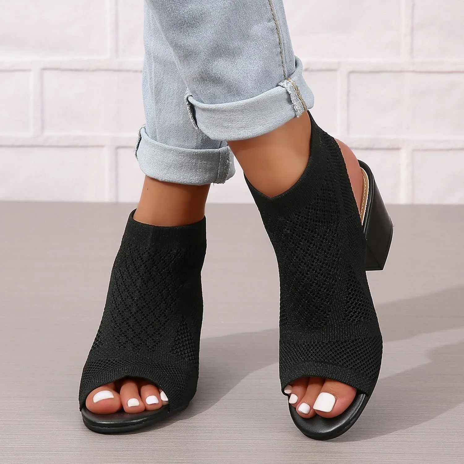 GUNIYIFS Women's Chunky Block High Heels Sandals Knit Pointed Toe Peep Toe Heeled Shoes Summer Dress Stacked Heeled Sandals
