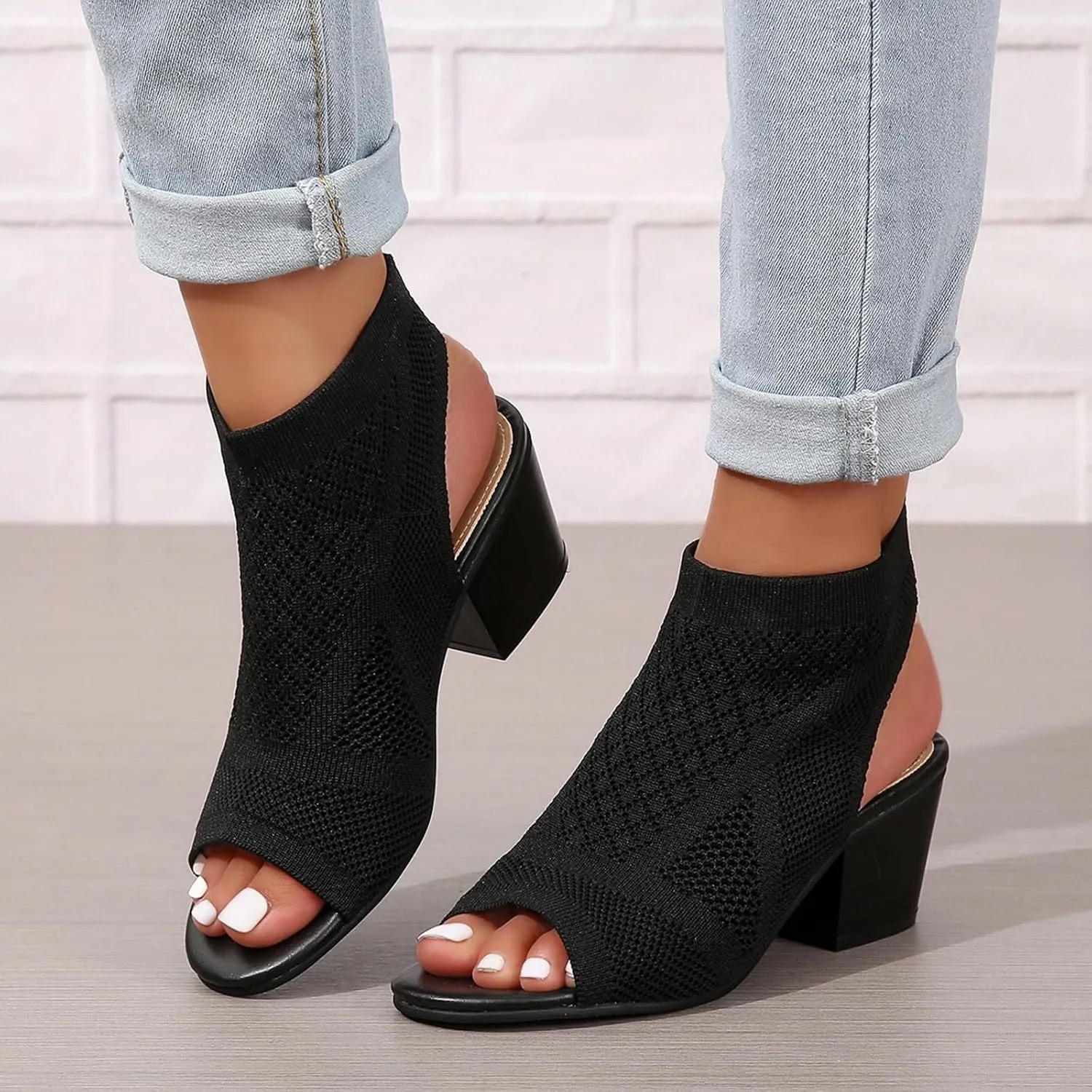 GUNIYIFS Women's Chunky Block High Heels Sandals Knit Pointed Toe Peep Toe Heeled Shoes Summer Dress Stacked Heeled Sandals