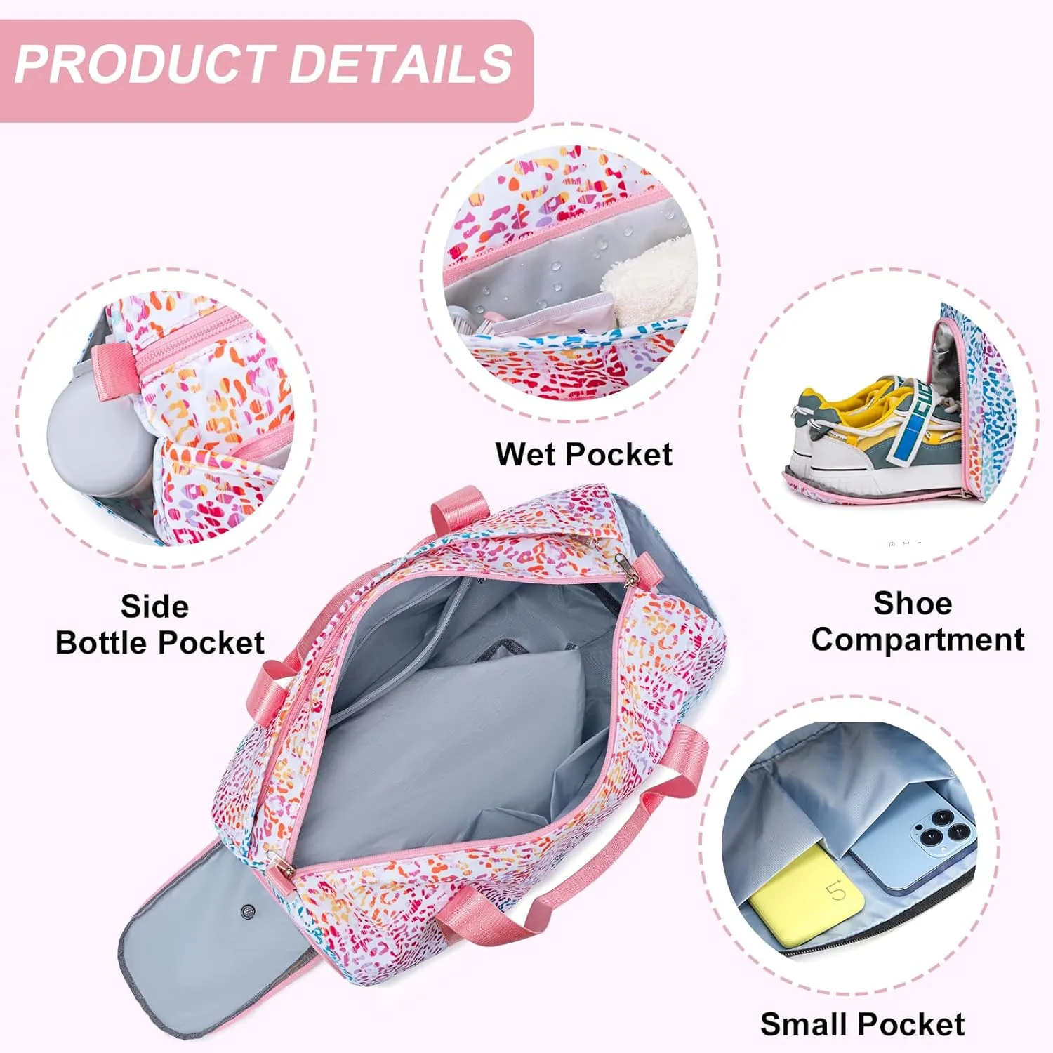 Gym Bag Sports Duffle Bag with Wet Pocket Weekender Overnight Bag with Waterproof Shoe Pouch and Air Hole for Girls Kids Women Travel Foldable Bag