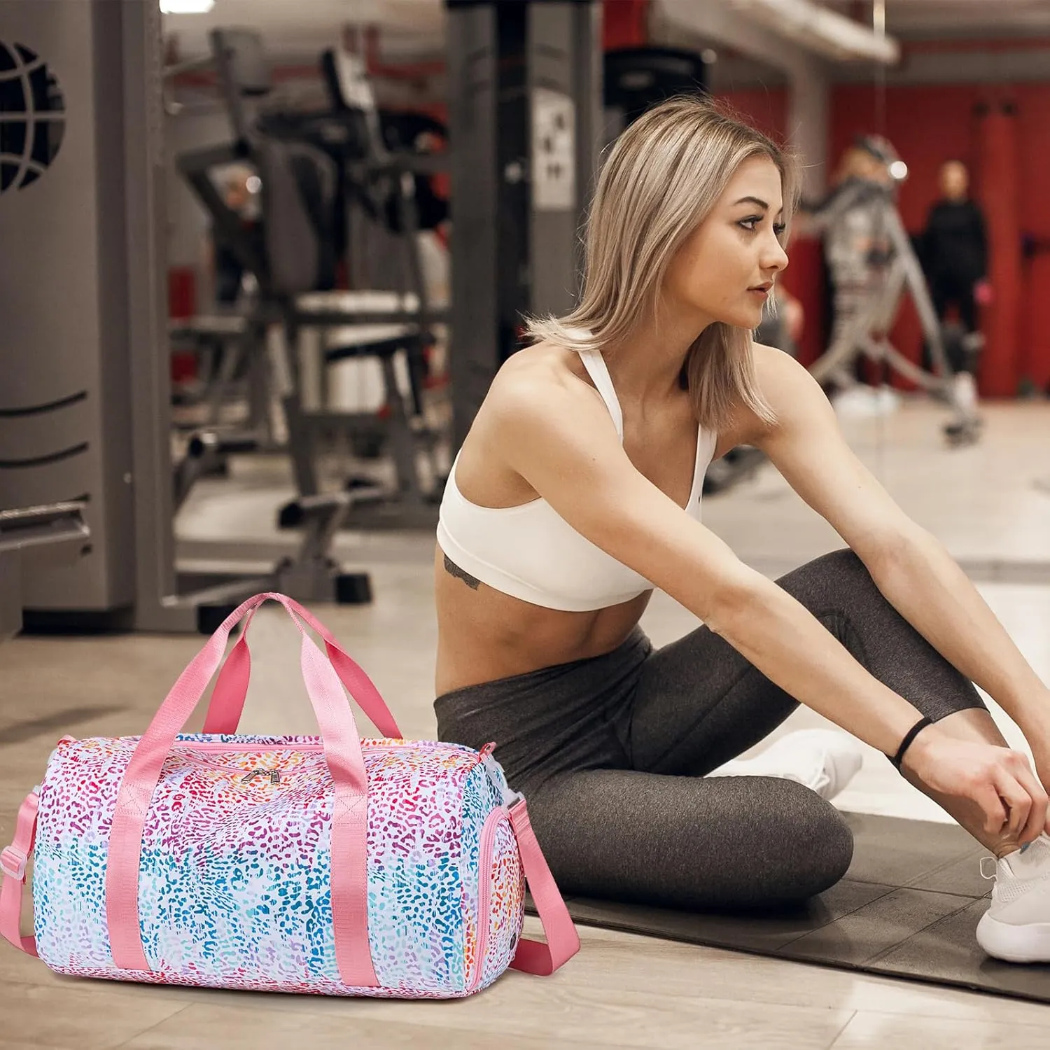 Gym Bag Sports Duffle Bag with Wet Pocket Weekender Overnight Bag with Waterproof Shoe Pouch and Air Hole for Girls Kids Women Travel Foldable Bag