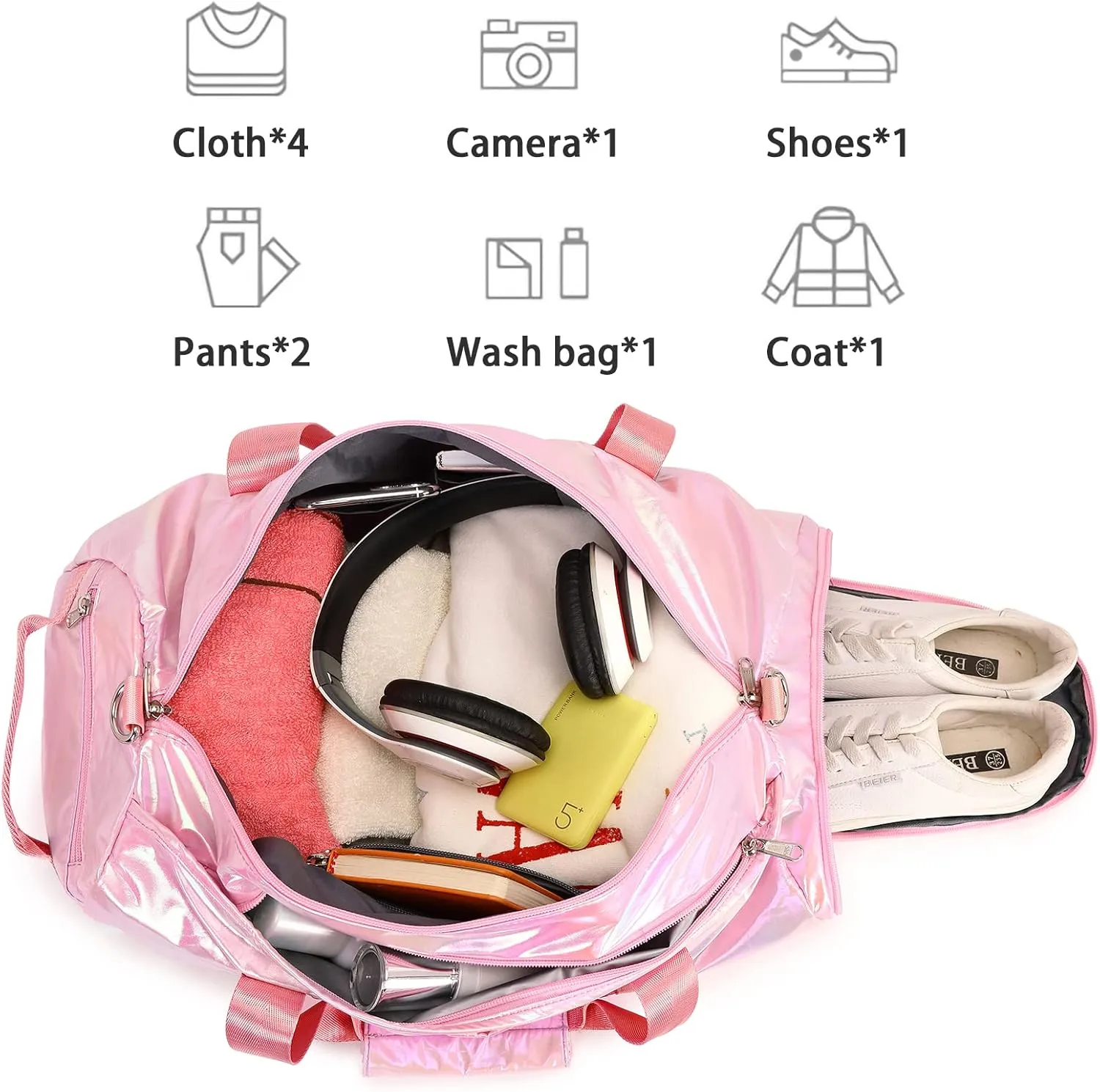 Gym Duffle Bag for Kids Girls Sports - Dance Cheerlead Overnight Weekender with Shoe Compartment - Pink