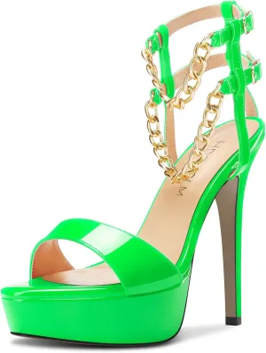 HDEUOLM Women Stiletto High Platform Heel Peep Open Toe Sandals Ankle Strap Metal Chain Party Dress 4.7 Inches Heels