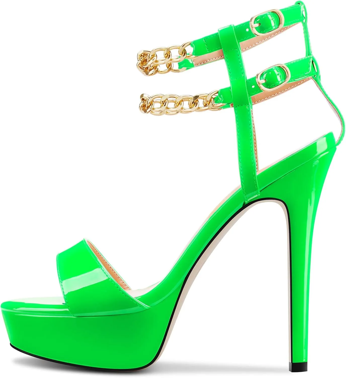 HDEUOLM Women Stiletto High Platform Heel Peep Open Toe Sandals Ankle Strap Metal Chain Party Dress 4.7 Inches Heels