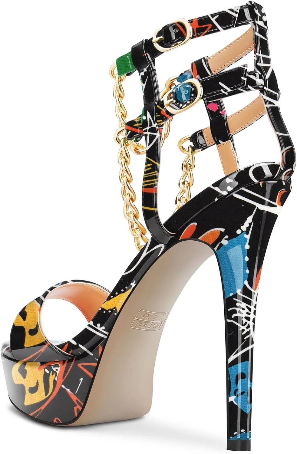 HDEUOLM Women Stiletto High Platform Heel Peep Open Toe Sandals Ankle Strap Metal Chain Party Dress 4.7 Inches Heels
